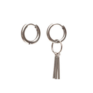 Stainless Steel Asymmetric Hoop Earrings with Tassel Accents – Modern Silver Dangle Pair