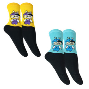 2‑Pair Fancy Socks with Lebobo Character Pattern in Blue & Yellow Crew‑Length for Adults