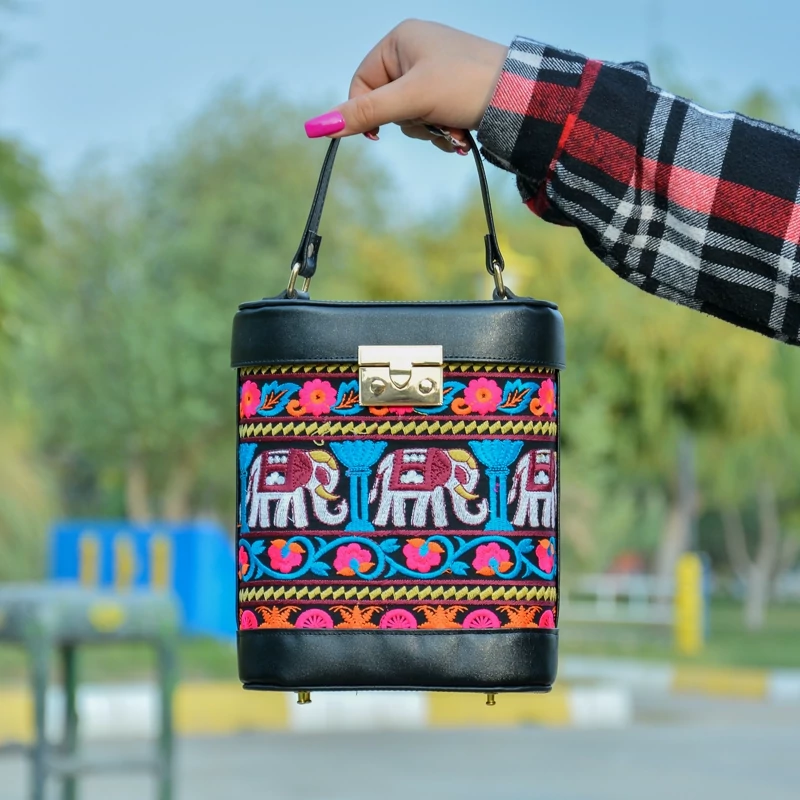 Main image of Artistic Persian Leather Shoulder Bag – Floral and Elephant Embroidery, Ideal for Stylish Daily Wear