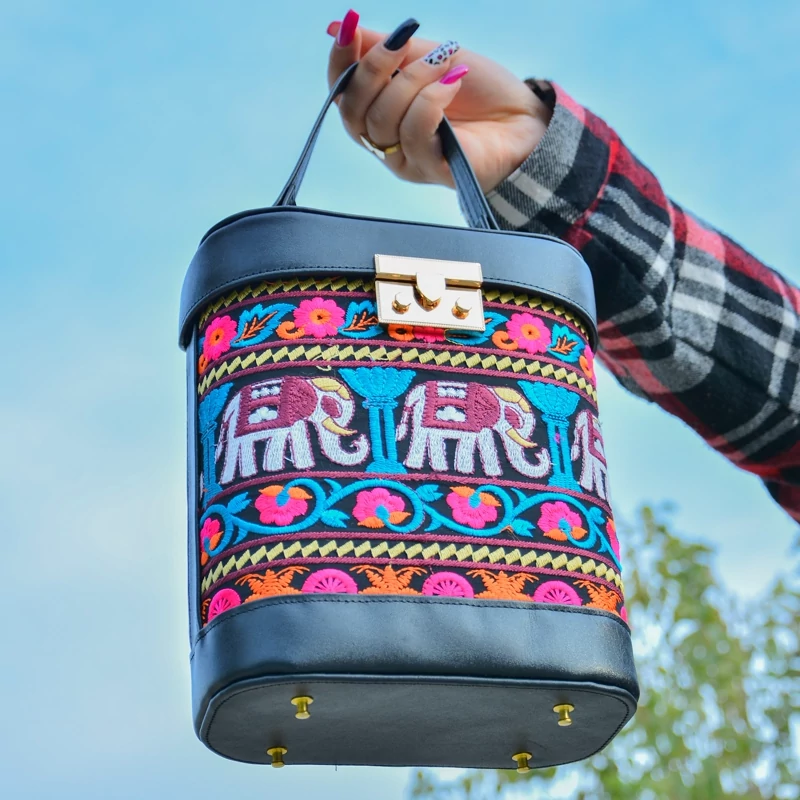 Artistic Persian Leather Shoulder Bag – Floral and Elephant Embroidery, Ideal for Stylish Daily Wear