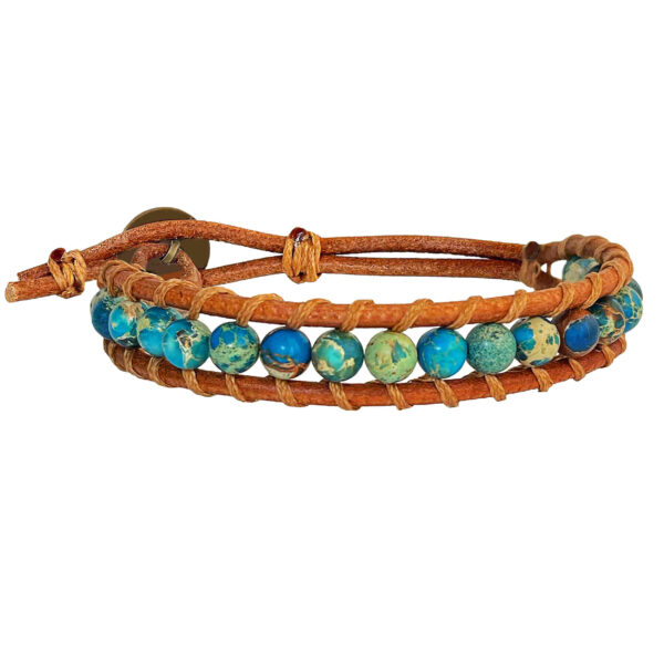 Beaded-African-Turquoise-Round-Stone-Bracelet-with-Striking-Golden-Veining-Brown-Leather-Strap-and-Button-Closure-1