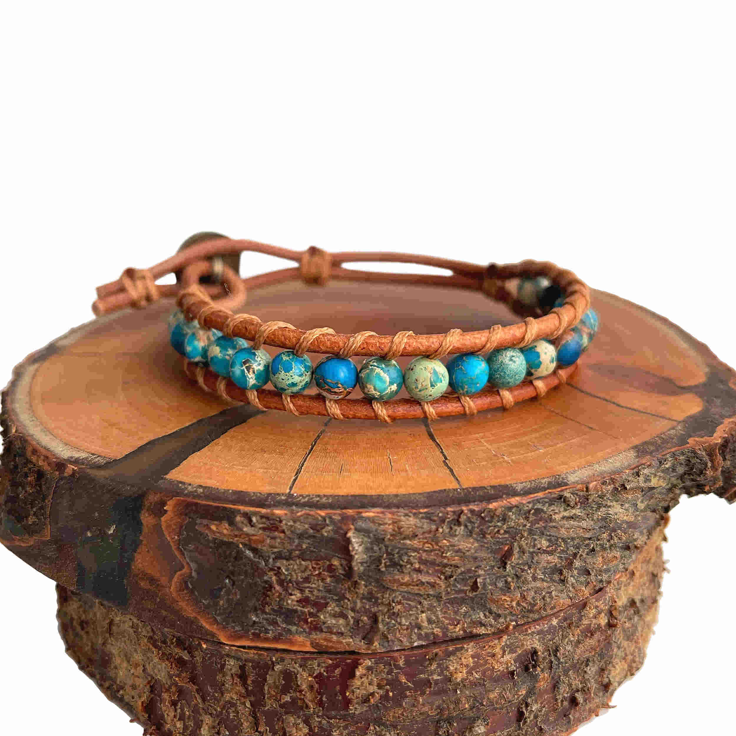 Beaded African Turquoise Round Stone Bracelet with Striking Golden Veining, Brown Leather Strap and Button Closure