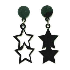 Black Plexiglass Star Earrings – Asymmetric Hollow & Solid Double‑Star Design