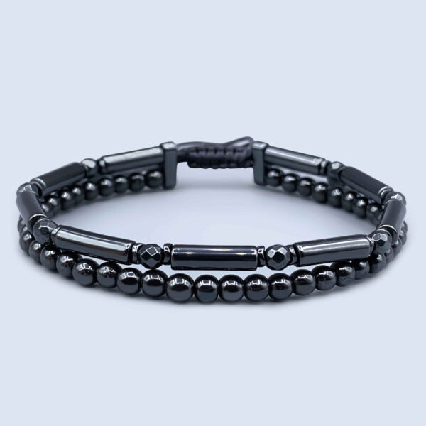 Bold-Mens-Dual-Layer-Hematite-Bracelet-Featuring-Polished-Spheres-and-Faceted-Cylinders-–-Sleek-Adjustable-Design-1