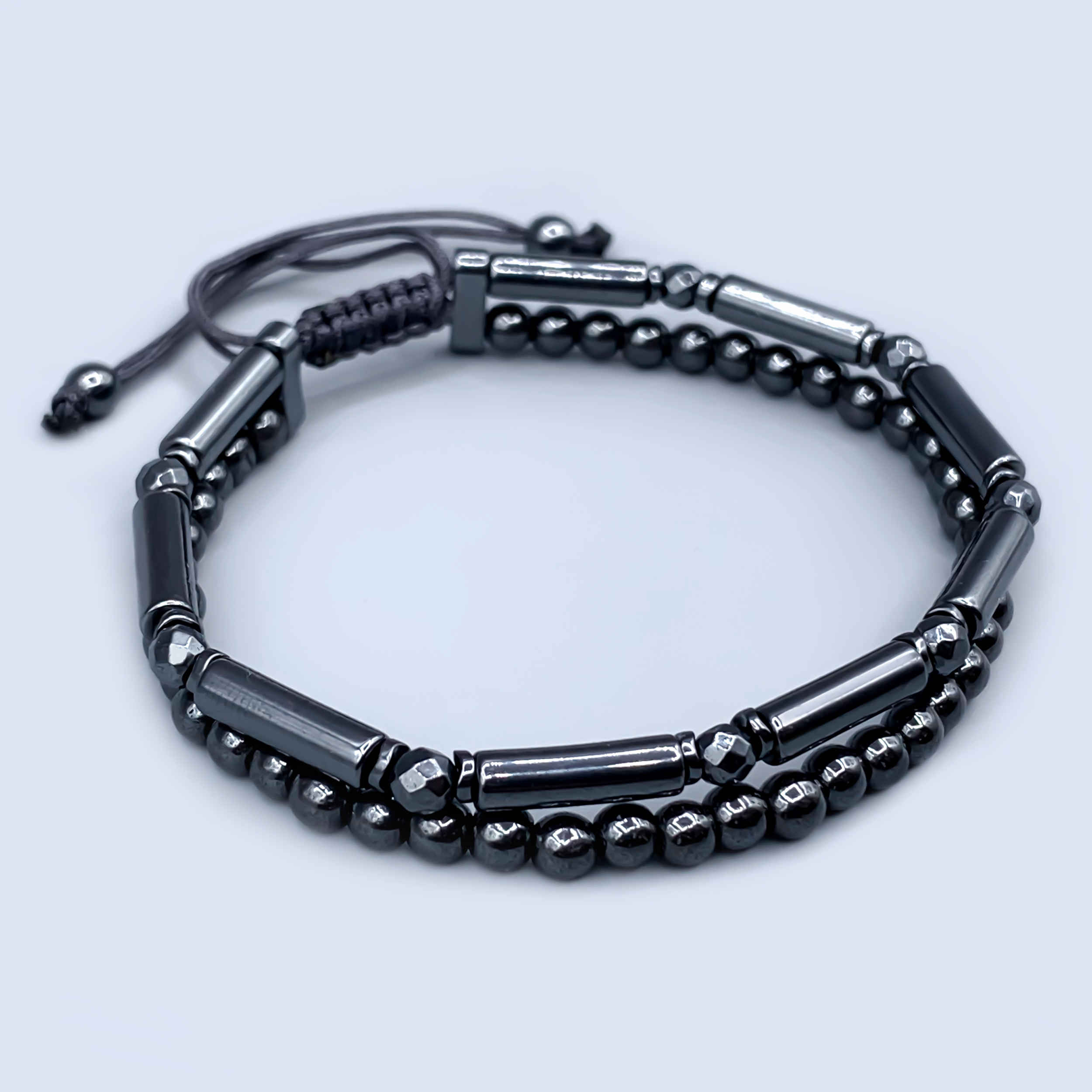 Bold Men’s Dual-Layer Hematite Bracelet Featuring Polished Spheres and Faceted Cylinders – Sleek Adjustable Design