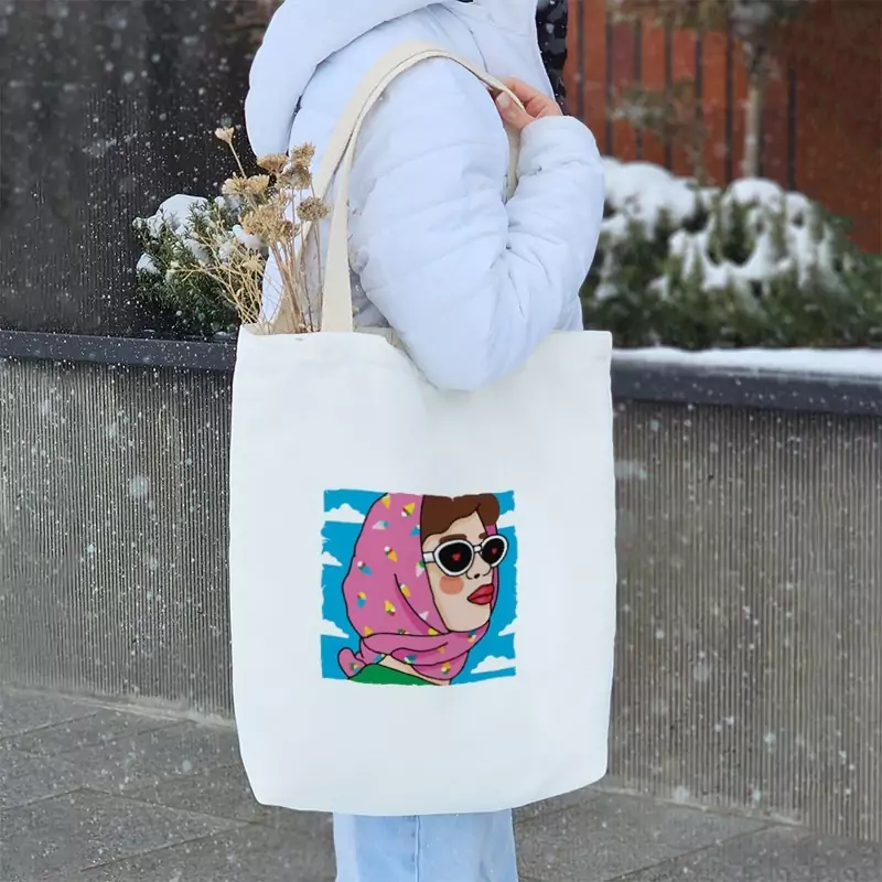 Canvas Tote Bag with Artistic Iranian Girl Print – Hazaan Fabric, Versatile and Practical with Inner Pocket