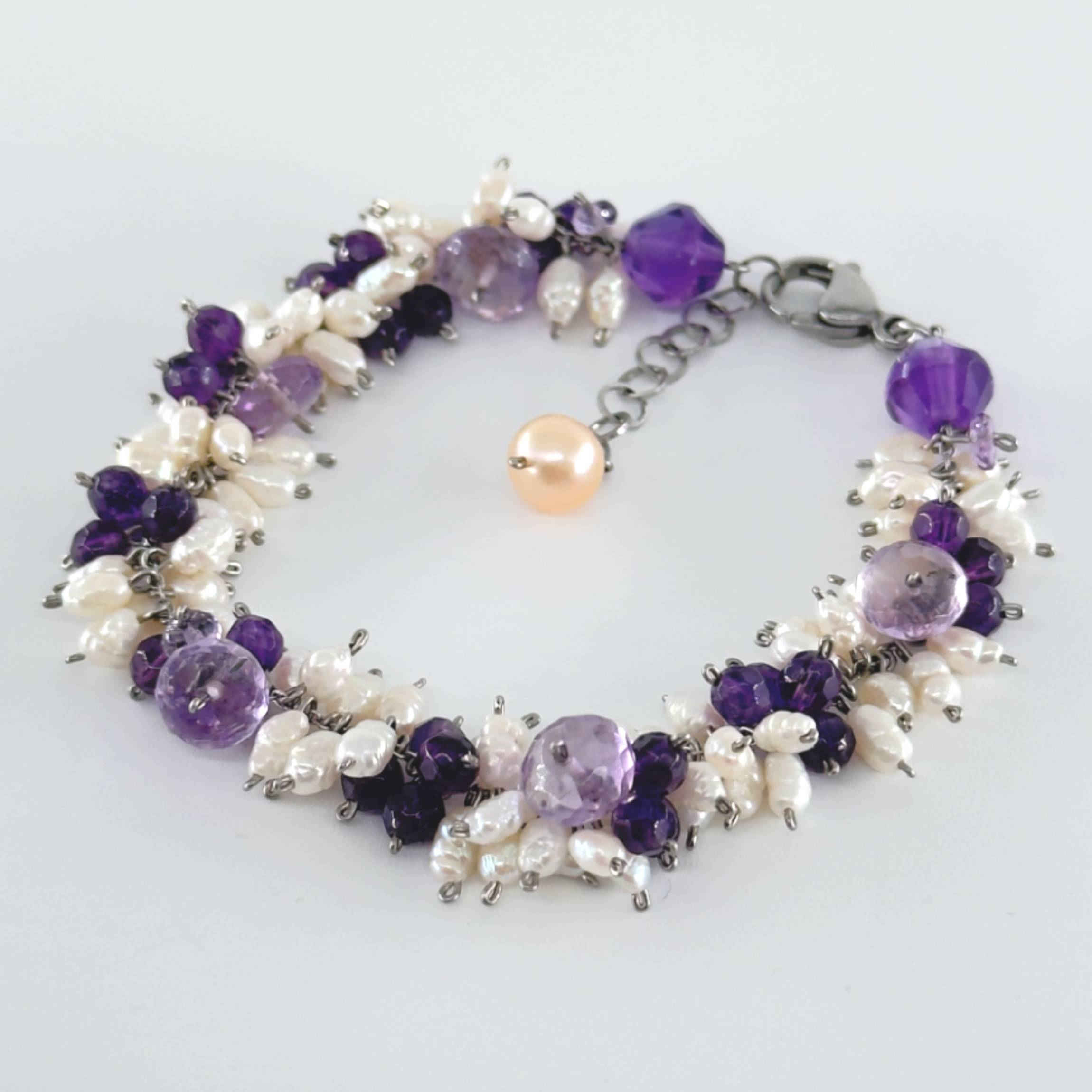 Celestial Glow Bracelet – Handcrafted Pearl and Amethyst Gemstone Jewelry, Elegant for Positive Energy