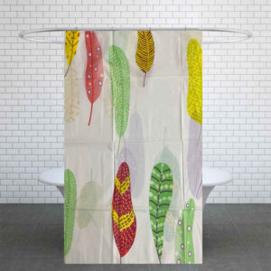 Colorful Feathers Pattern Waterproof Shower Curtain with White Background – Includes Hooks