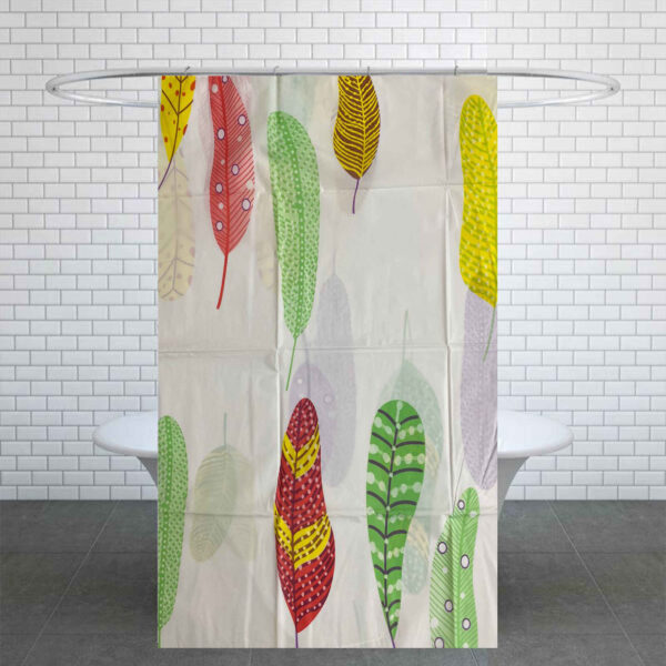 Colorful Feathers Pattern Waterproof Shower Curtain with White Background – Includes Hooks (6)