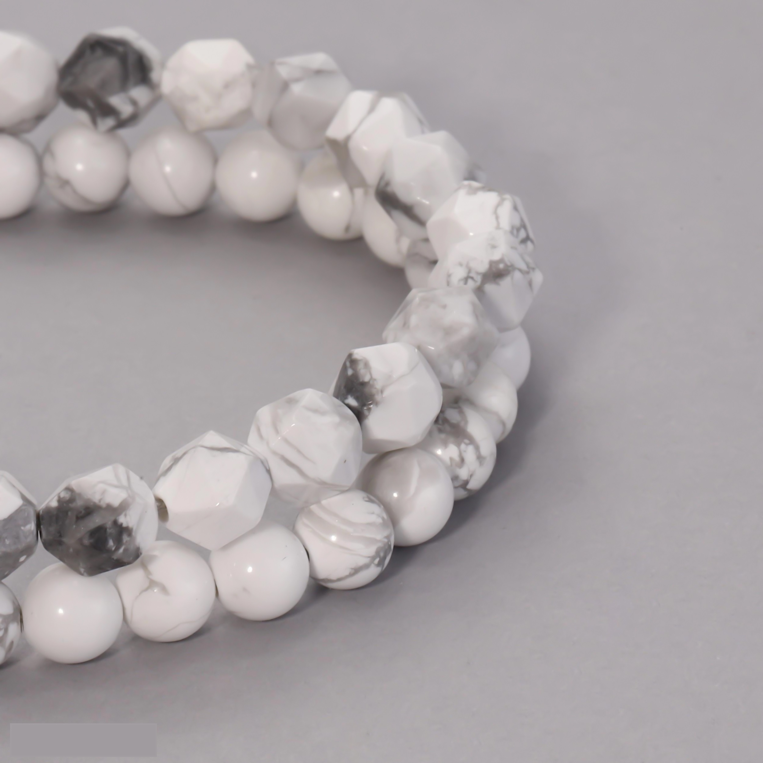 Double-Row Beaded Natural White with Striking Gray‑Veined Howlite Stone Bracelet with Knot Closure