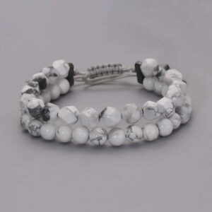 Double-Row Beaded Natural White with Striking Gray‑Veined Howlite Stone Bracelet with Knot Closure