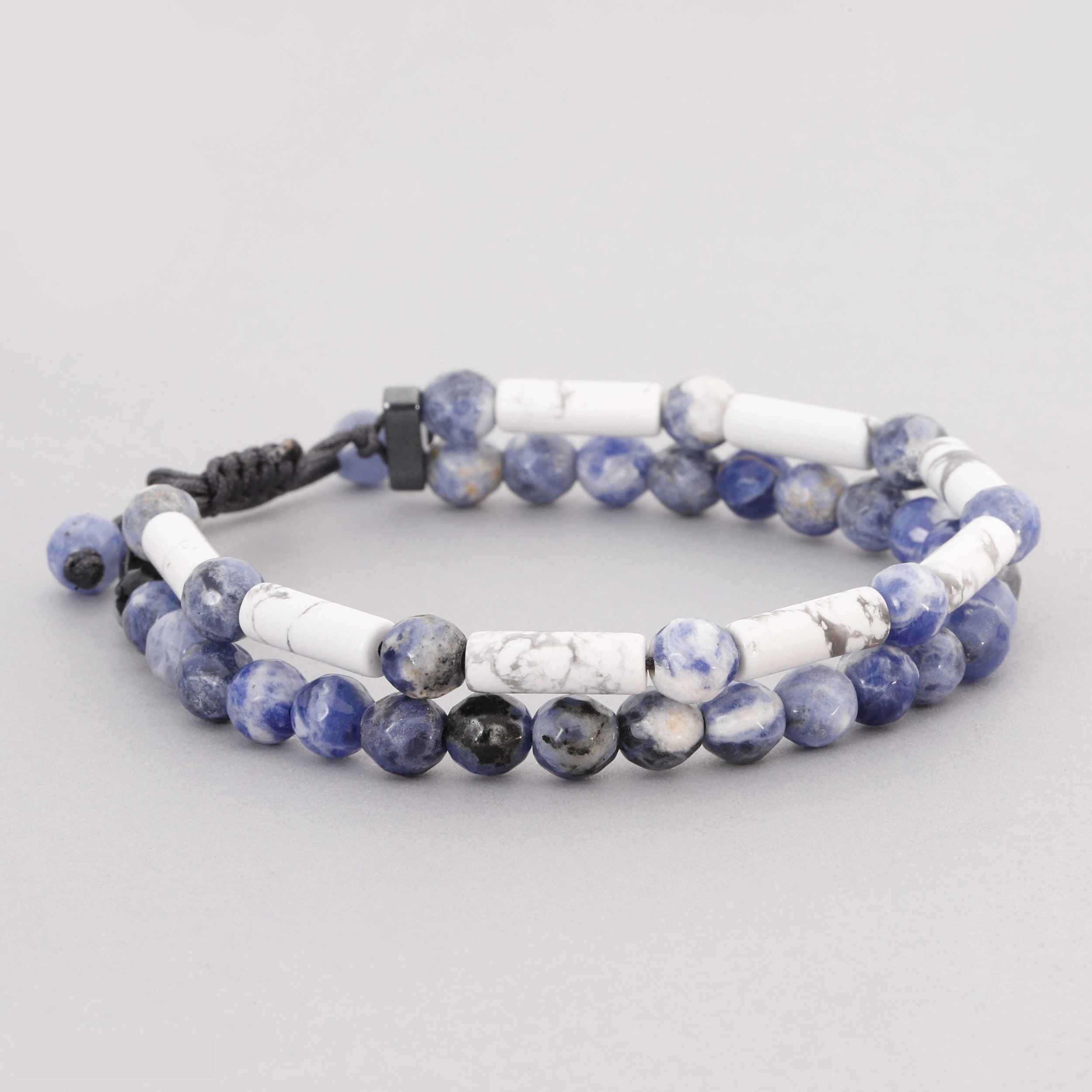 Double-Row Beaded Nearly‑Round Purple Sodalite and White Cylindrical Howlite with Striking White‑Gray Veins Bracelet