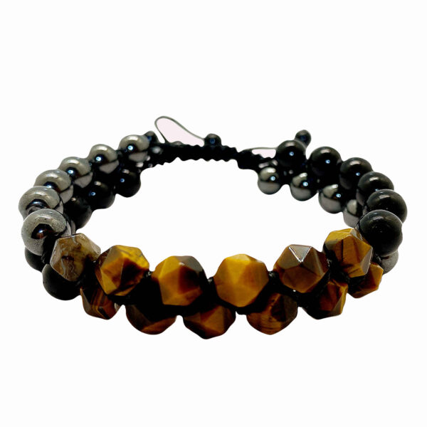 Double-Row-Mens-Bracelet-with-Faceted-Tigers-Eye-and-Round-Hematite-Beads-Adjustable-Knot-Closure-–-Brown-Yellow-Black-Natural-Stone-Jewelry-1