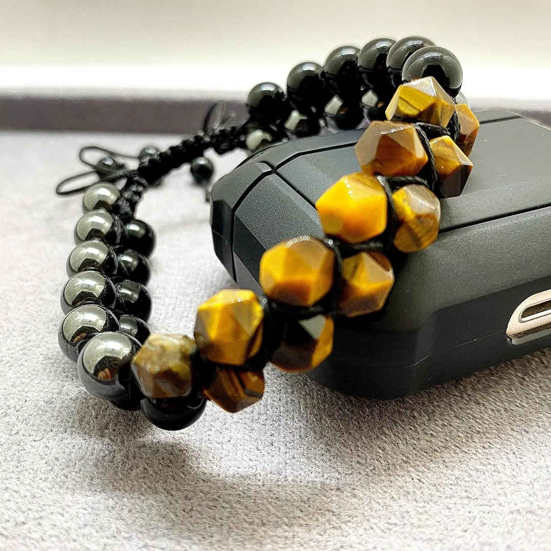 Double-Row Men’s Bracelet with Faceted Tiger’s Eye and Round Hematite Beads, Adjustable Knot Closure