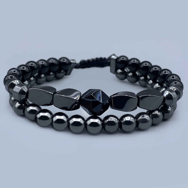 Elegant-Mens-Double-Row-Bracelet-with-Polished-Hematite-and-Cut-Black-Agate-Stones-–-Adjustable-Macrame-Closure-1