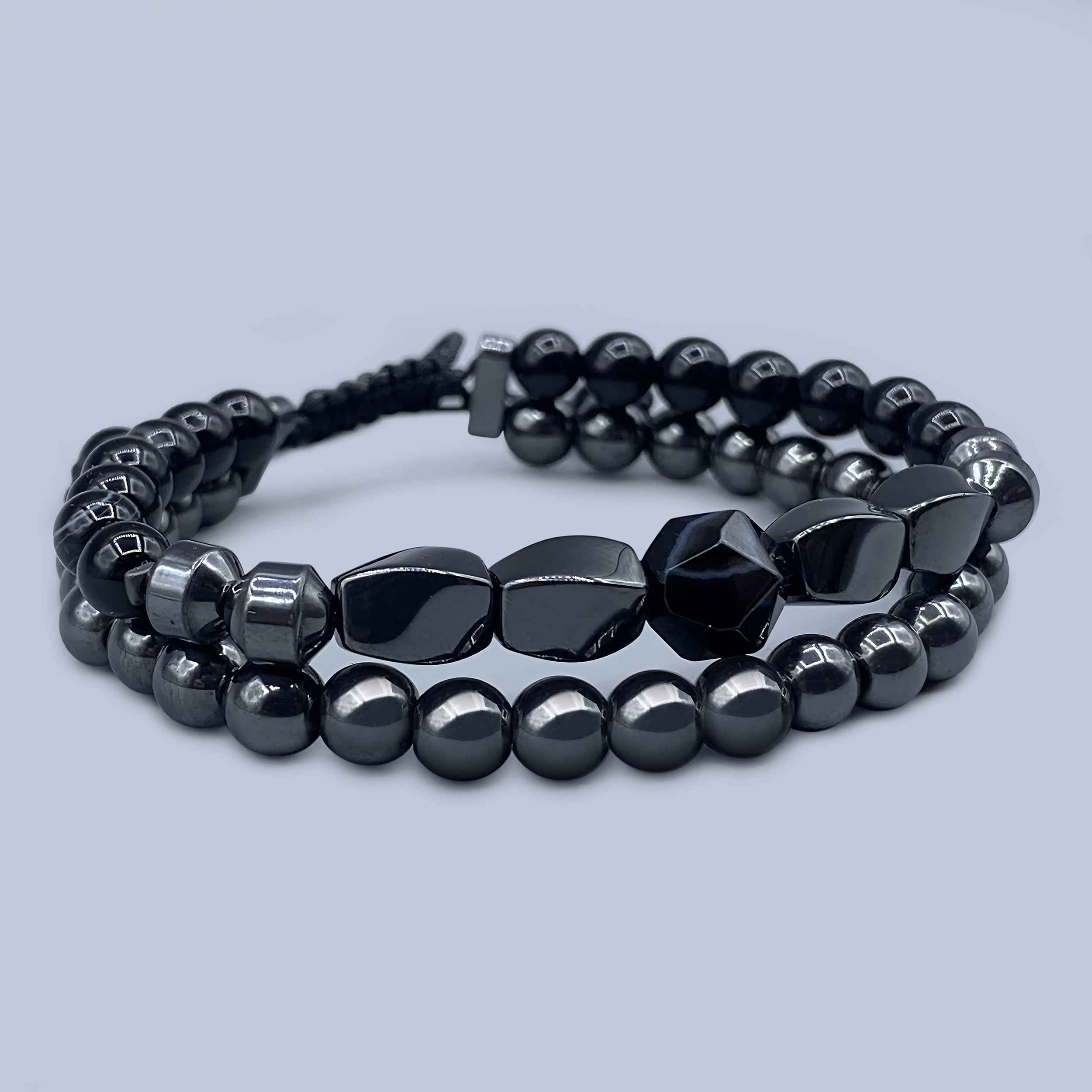 Elegant Men’s Double-Row Bracelet with Polished Hematite and Cut Black Agate Stones – Adjustable Macrame Closure