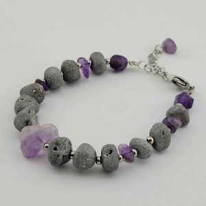 Exclusive Handmade Bracelet — Fire Agate & Brazilian Amethyst with Stainless Steel Adjustable Clasp