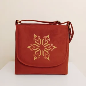 Fabric Shoulder Bag with Hand Painted Geometric Pattern, Two Internal Pockets, Adjustable Strap & Orange Color