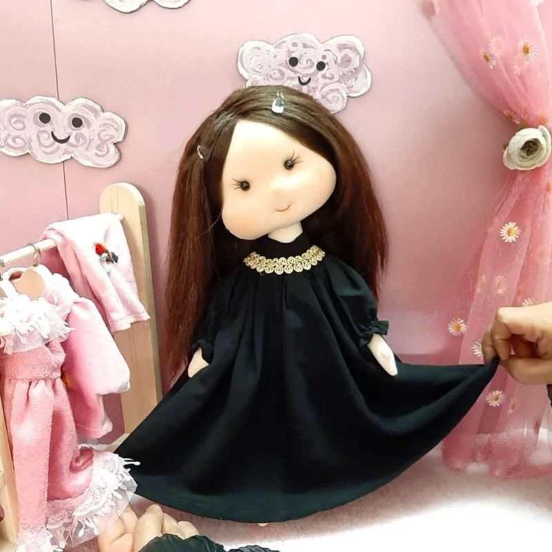 Islamic Hijab Doll for Girls | Fabric Toy with Removable Black Dress & Extra Long Cloth, Prayer Mat, Shoes & Hair Accessories