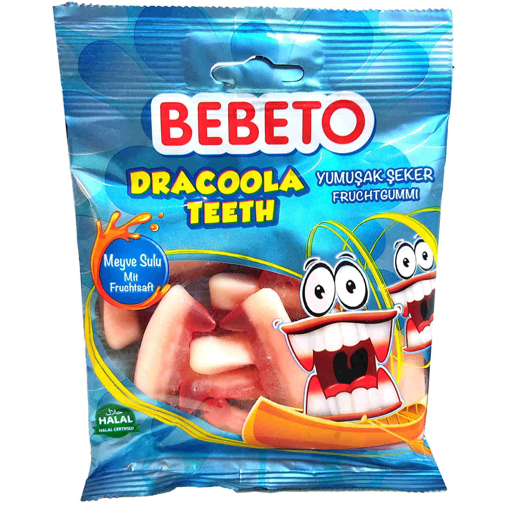 Halal Gummy Candy in Dracoola Teeth Shape – Bebeto 80g × 5 Pack Soft and Chewy Fruit-Flavored Snack