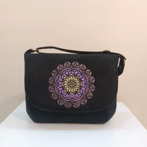 Hand-Painted Fabric Shoulder Bag – Women’s Traditional Black Bag with Mandala Artwork & Adjustable Strap