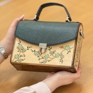Hand-Painted Leather & Wooden Handbag with Floral Artwork – Elegant Bag for Everyday & Special Occasions