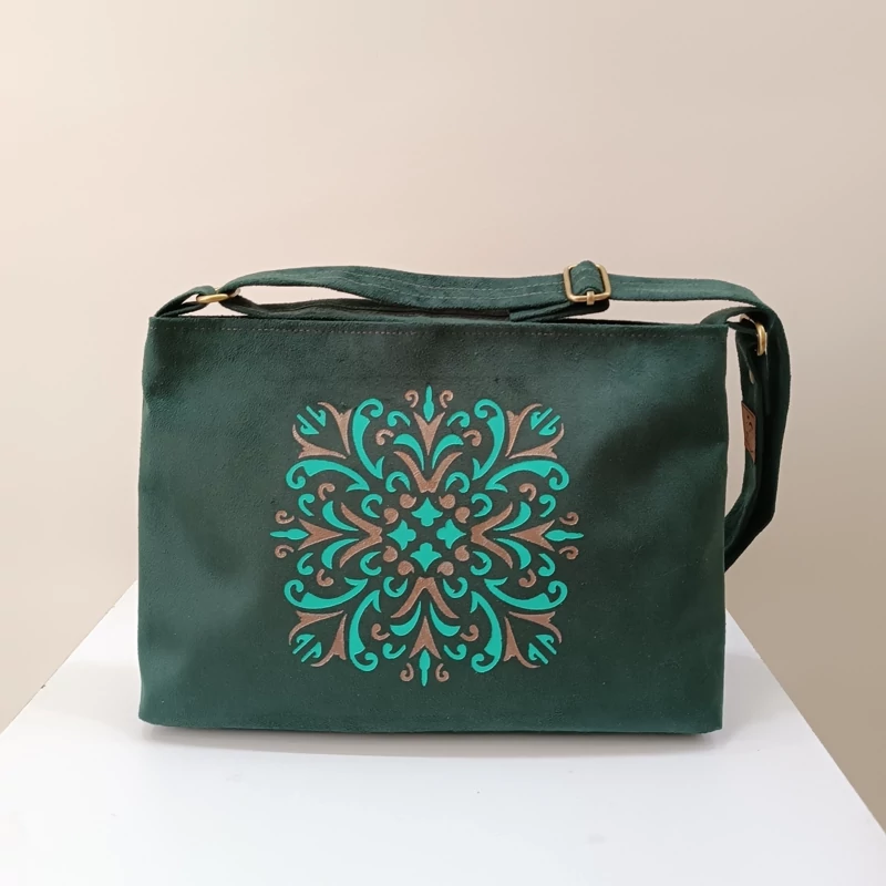 Hand-Painted Fabric Shoulder Bag with Mandala Pattern – With Two Internal Pockets & Vibrant Emerald Green Design