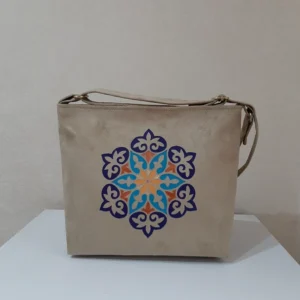 Hand-Painted Women’s Fabric Shoulder Bag with Traditional Eslimi Design and Adjustable Strap, Beige Color