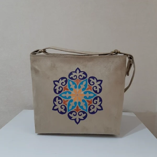 Hand-Painted Women’s Fabric Shoulder Bag with Traditional Eslimi Design and Adjustable Strap, Beige Color