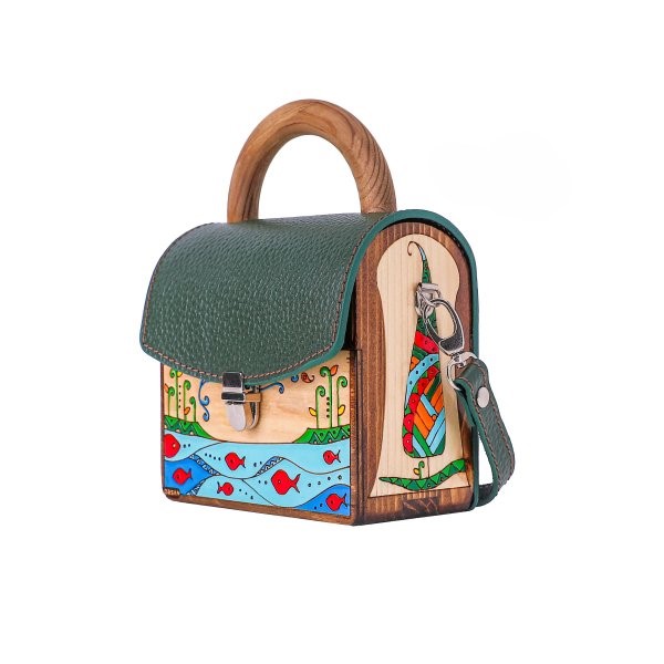 Hand-Painted Wooden & Genuine Leather Mini Hand Bag – Lightweight Artisan Design