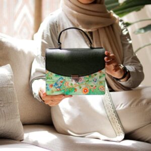 Handcrafted Wooden & Leather Handbag Featuring Hand-Painted Embossed Blossom Design – Stylish Black Bag for Parties