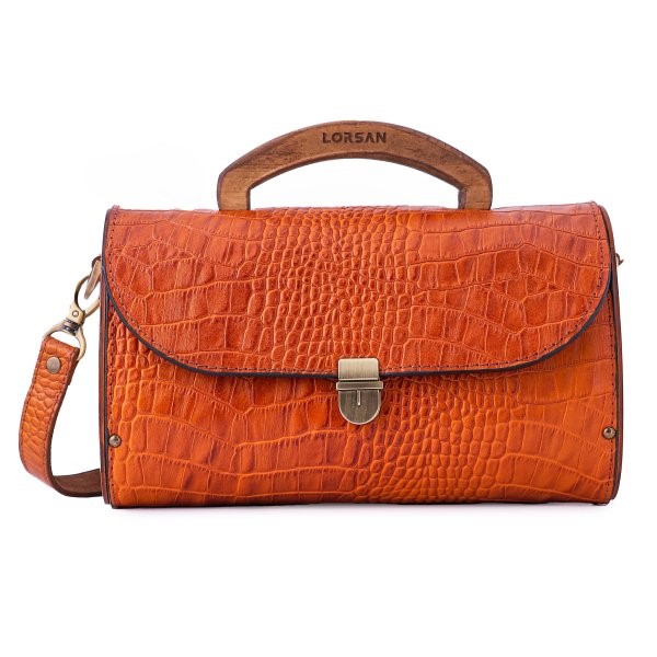 Handcrafted Leather & Wood Deer Motif Shoulder Bag – Honey Brown Elegant Design