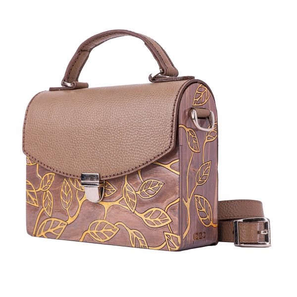Handcrafted Leather & Wood Shoulder Bag – Painted Leaf Artistic Design