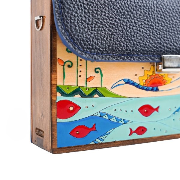 Handcrafted Leather & Wooden Shoulder Bag with Flowing River Design – Dark Navy, Perfect for Daily Use & Gift