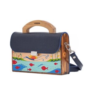 Handcrafted Leather & Wooden Shoulder Bag with Flowing River Design – Dark Navy, Perfect for Daily Use & Gift
