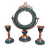 Handcrafted-Persian-Turquoise-Inlaid-Copper-Mirror-Candle-Holder-Set-–-3-Piece-Traditional-Home-Accent