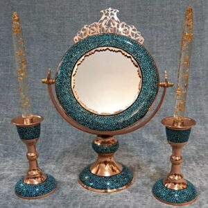 Handcrafted Persian Turquoise-Inlaid Copper Mirror & Candle Holder Set – 3-Piece Traditional Home Accent