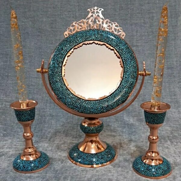 Handcrafted-Persian-Turquoise-Inlaid-Copper-Mirror-Candle-Holder-Set-–-3-Piece-Traditional-Home-Accent