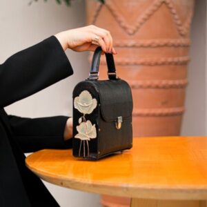 Handcrafted Wooden & Leather HandBag Featuring Hand-Painted Embossed Flowers – A Stylish Choice for Parties