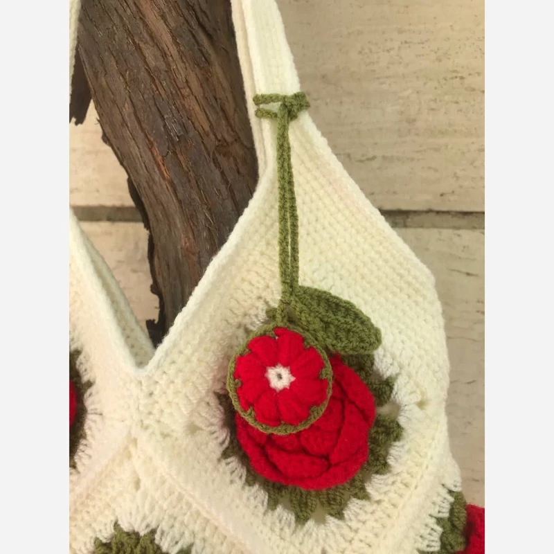 Handmade Crochet Floral Motif Shoulder Bag – Red Rose Design with Pearl Accents, Comfortable Straps and Lined Interior