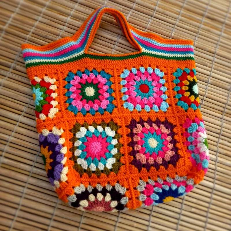 Handmade Crochet Handbag with Floral Granny Square Design – Colorful, Lightweight, and Washable with Comfortable Handle