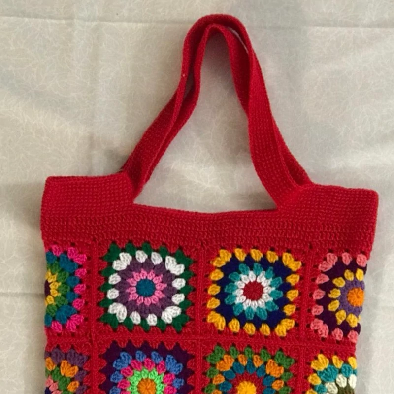 Handmade Crochet Shoulder Bag with Colorful Granny Square Motif – Comfortable Straps and Open Top