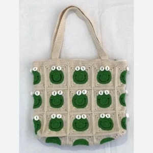Handmade Crochet Tassel Handbag with Frog Design – Secure Zipper and Comfortable Lined Interior