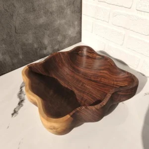 Handmade Walnut Wood Serving Bowl – Deformed Design with Scalloped Edges, Perfect for Serving Salads, Fruits & Nuts, 30×30×9 cm