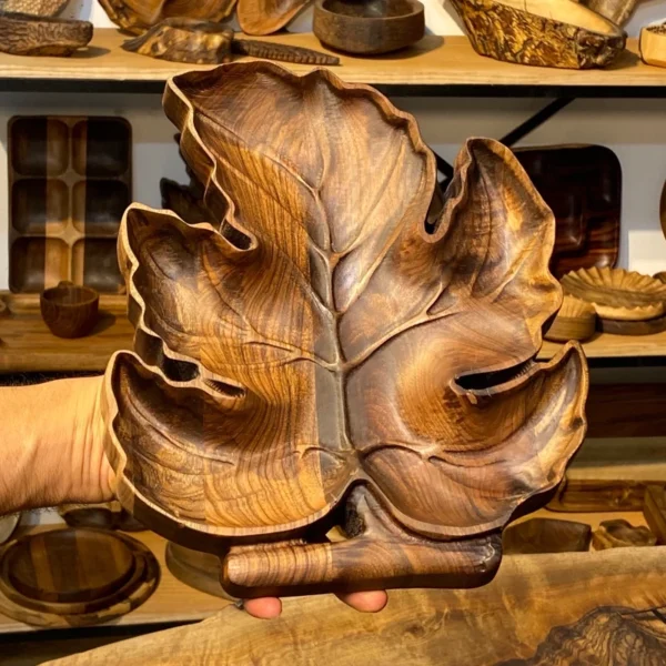 Handmade-Walnut-Wood-Serving-Platter-with-Grape-Leaf-Design-–-Decorative-Serving-Wooden-Platter-28-×-24-cm-1