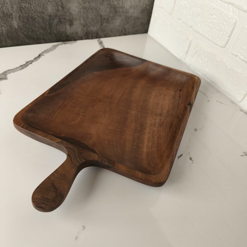 Handmade Walnut Wood Serving Platter with Handle – Elegant Wooden Snack & Appetizer Plate, 27.5×35.5×3 cm