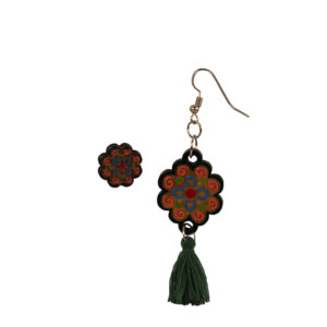 Handmade Wooden Asymmetric Earrings – Stud & Hook Floral Mandala Design