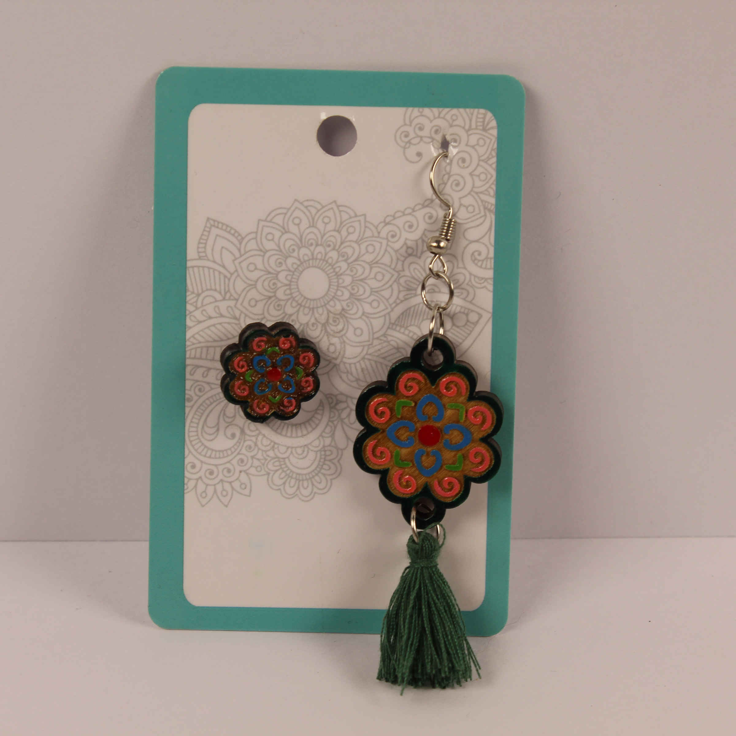 Handmade Wooden Asymmetric Earrings – Stud & Hook Floral Mandala Design