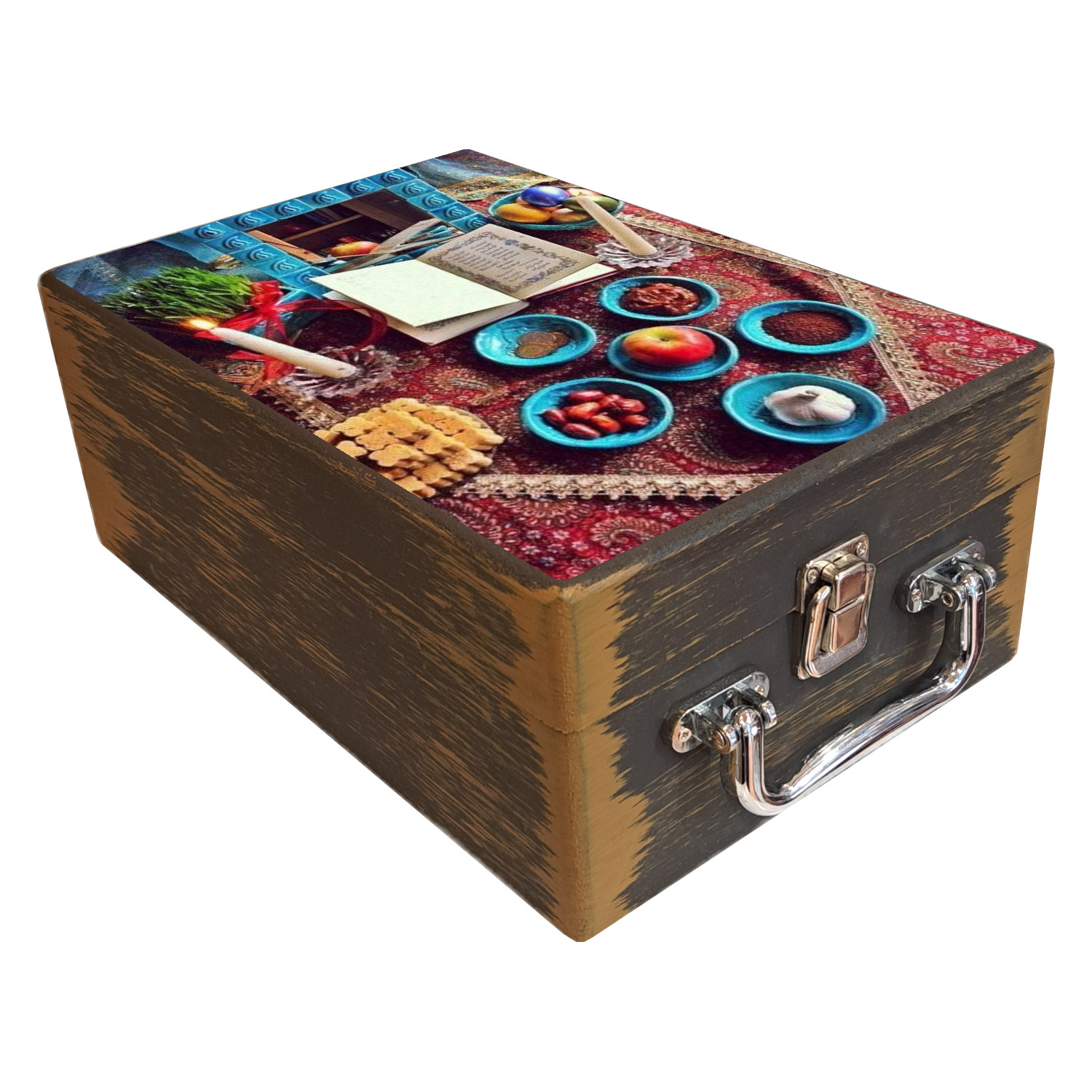 Main image of Handmade Wooden Suitcase Gift Box with Traditional Iranian Nowruz Haft-Seen Pattern
