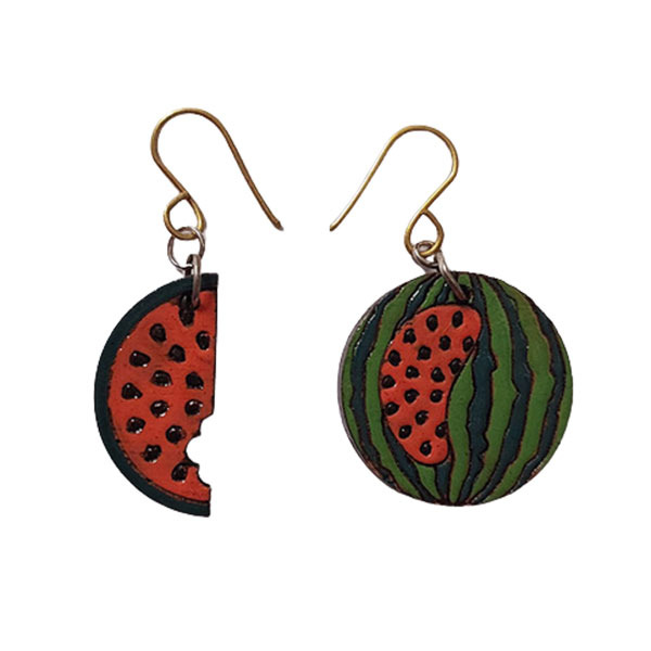 Handmade-Wooden-Watermelon-Earrings-–-Asymmetric-Fruit‑Theme-Dangle-Pair-1